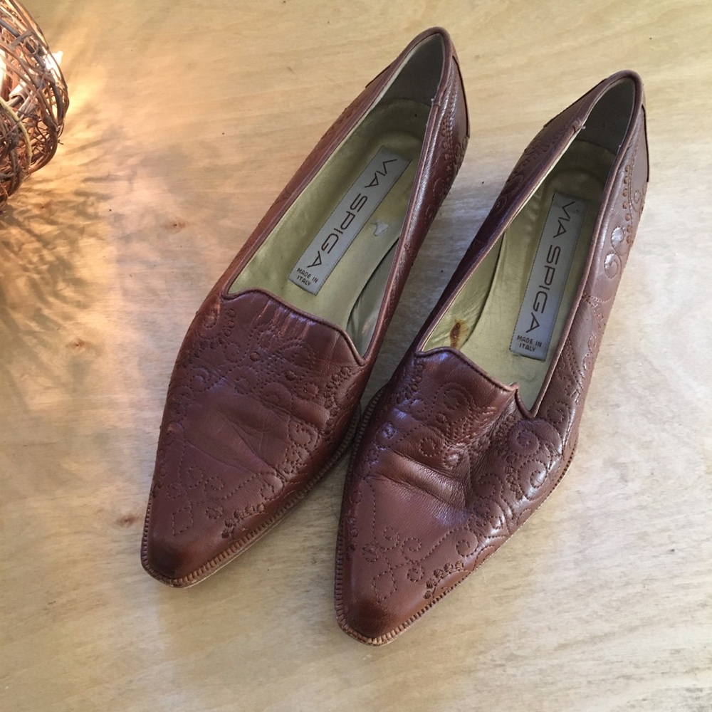 Vintage Via Spiga Brown Leather Heeled Loafers 6.5